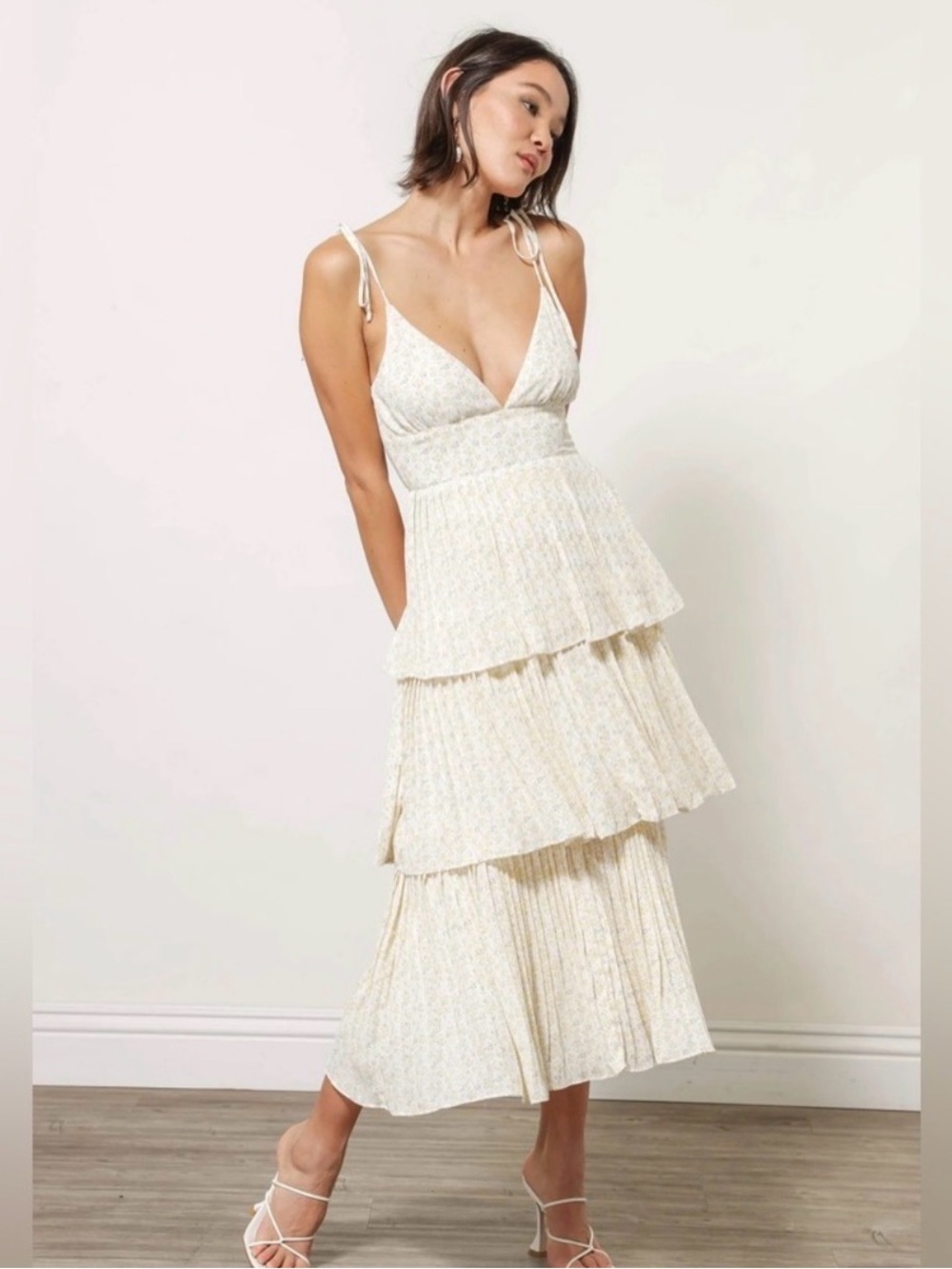 Line & Dot Ivory Tiered Maxi with Tie Straps
